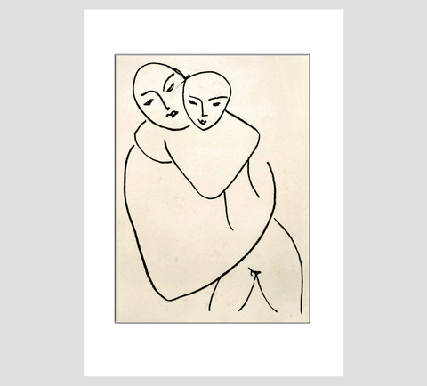 Madonna and Child by Henri Matisse. Matisse's fluid draftsmanship and control of line shines through in this minimal composition of a mother and child. It possesses a universal appeal emphasising the sanctity of maternal bonds.  Using black gestural lines, Matisse clearly conveys the emotions of love and security. As the two figures hold each other closely, their heads tilted together with faint hints of a smile crossing their lips, we sense the affection shared between mother and child.