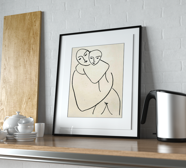 Madonna and Child by Henri Matisse. Matisse's fluid draftsmanship and control of line shines through in this minimal composition of a mother and child. It possesses a universal appeal emphasising the sanctity of maternal bonds.  Using black gestural lines, Matisse clearly conveys the emotions of love and security. As the two figures hold each other closely, their heads tilted together with faint hints of a smile crossing their lips, we sense the affection shared between mother and child.