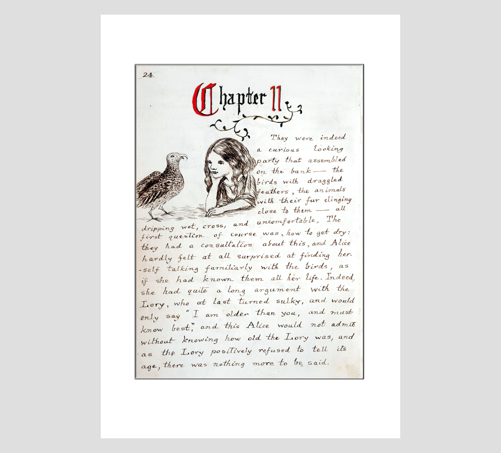 The first page of Chapter 2 from Alice in Wonderland by Lewis Carroll.  "They were indeed a curious looking party that assembled on the bank...".