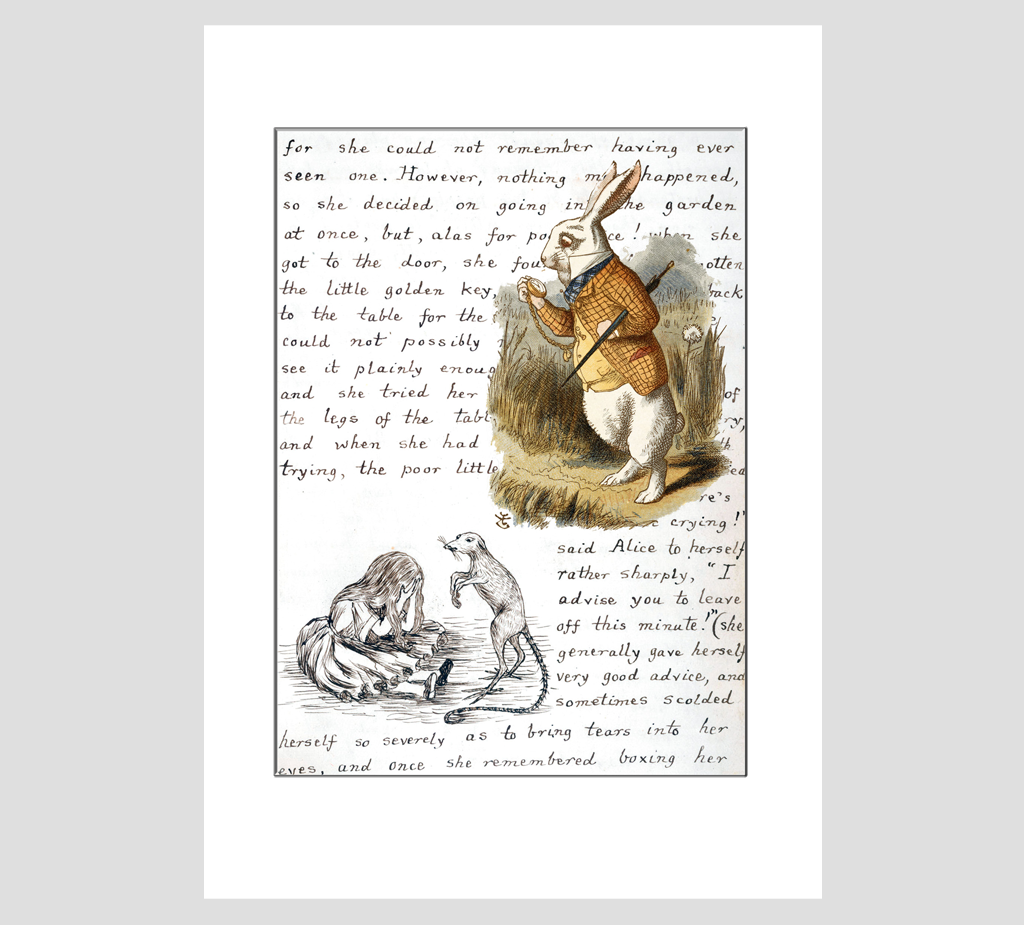 A rabbit montage from Alice in Wonderland by Lewis Carroll.  This mounted print fits into an A4 frame.