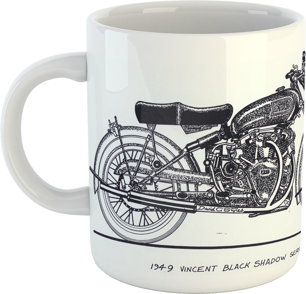 This features a detailed drawing of the classic motorcycle - 1949 Vincent Black Shadow Series C. The Shadow was reputed to be the fastest and best-engineered motorcycle of the 1950s