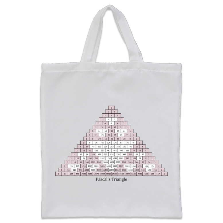 Pascal's Triangle Tote Bag - A tote perfect to carry teaching supplies from classroom to classroom, Pascal’s Triangle is a number pattern, named after the French mathematician Blaise Pascal. Pascal’s Triangle has many applications in mathematics and statistics, including the calculation of combinations. Pascal’s Triangle can also be used to find calulate probability, in algebra and finding triangular numbers.