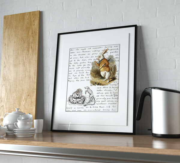 A rabbit montage from Alice in Wonderland by Lewis Carroll.  This mounted print fits into an A4 frame.