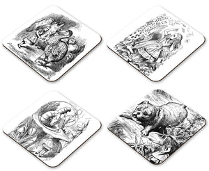 Alice in Wonderland Set of 4 Coasters - Animals, Playing Cards, Caterpillar, Dog