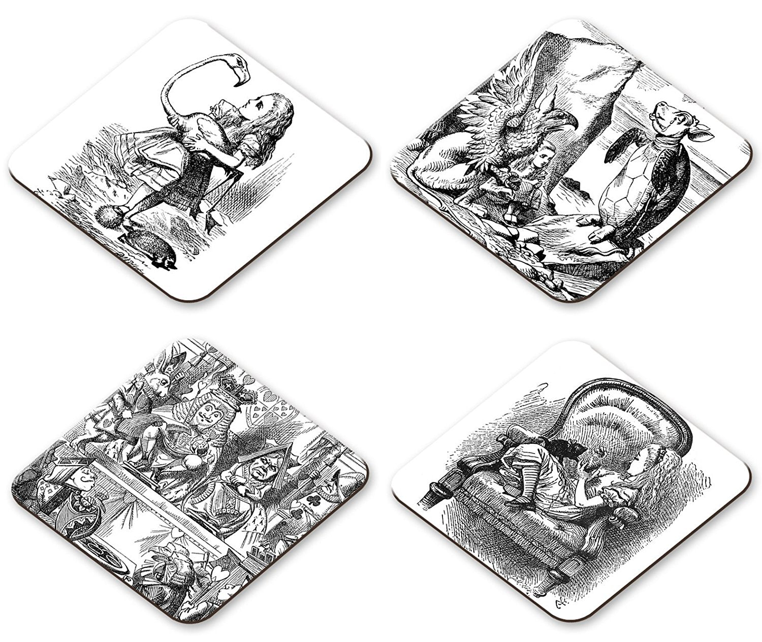 Alice in WonderlandSet of 4 Coasters - Flamingo, Griffin, King & Queen, Kitten