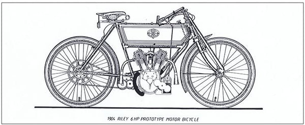 This features a detailed drawing of the classic motorcycle - 1904 Riley 6HP Prototype Motor Bicycle. Riley motorcycles were produced between 1899 and 1906, in Coventry. Riley was a British motorcar and bicycle manufacturer from 1890, though was a successful producers of spoked wheels over 180 motor manufacturers. Riley became part of the Nuffield Organization in 1938 and was merged into the British Leyland Motor Corporation in 1968. Today, the Riley trademark is owned by BMW. 