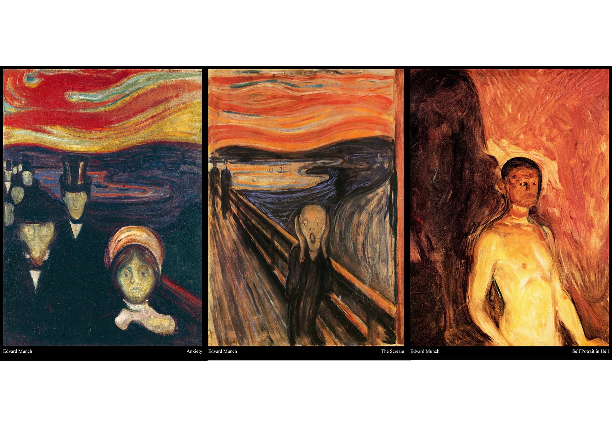 Edvard Munch: The Scream, Anxiety, Self Portrait in Hell - A3 Posters