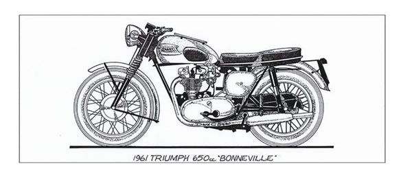 This features a detailed drawing of the classic motorcycle - 1961 Triumph 650cc Bonneville. The Triumph Bonneville T120 is a motorcycle originally made by Triumph Engineering from 1959 to 1975 and gave inspiration as the model for Sirius Black’s Motorbike in Harry Potter and the Sorcerer’s Stone.