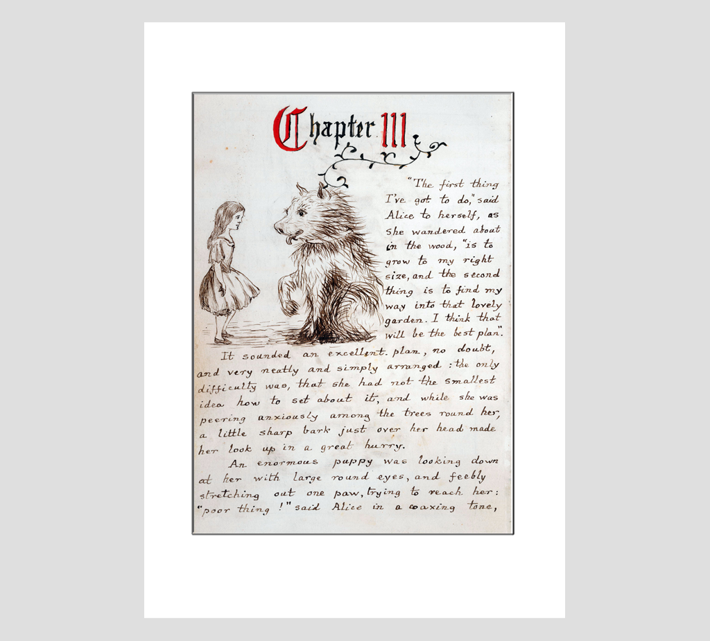 The first page of Chapter 3 from Alice in Wonderland by Lewis Carroll.  "The first thing I've got to do, said Alice to herself...".