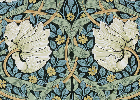 Pimpernel was designed by William Morris in 1876 as a wallpaper. The design was a part of the Arts and Crafts movement in Europe and North America which stood for traditional craftsmanship with hints of medieval, romantic, or folk decoration.  This piece is influenced by oriental models and is an example of how his interest for Japanese design led to the simplification of lines and colors.