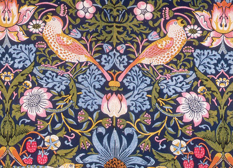 Strawberry Thief was designed by William Morris in 1883 as a textile and is one of his most popular repeating designs, based on the thrushes he noticed stealing fruit from his kitchen garden in Oxfordshire.  To print the pattern Morris used the painstaking indigo-discharge method he admired above all forms of printing. Once happy with the outcome, he registered the design with the Patents Office. 