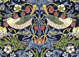 Strawberry Thief was designed by William Morris in 1883 as a textile and is one of his most popular repeating designs, based on the thrushes he noticed stealing fruit from his kitchen garden in Oxfordshire.  To print the pattern Morris used the painstaking indigo-discharge method he admired above all forms of printing. 