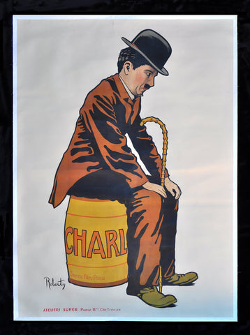 This is a vintage poster of English comic actor and filmmaker, Charlie Chaplin. It was designed by artist 'Roberty' to promote Chaplin's 1917 French film, 'Charlot'. Charlie Chaplin has left a huge legacy behind as one of the greatest comic writers and actors of all time and was a pioneer in the silent film era.