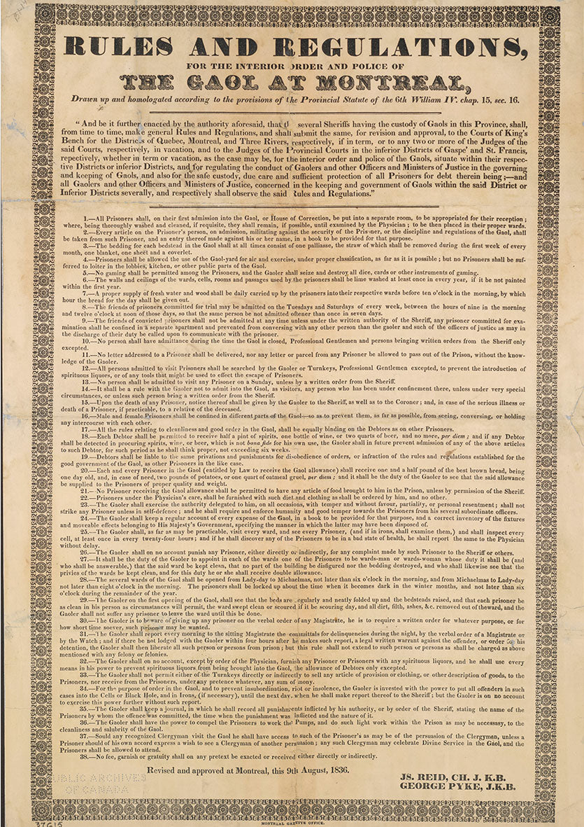 Prison Rules & Regs Montreal 1836 Poster