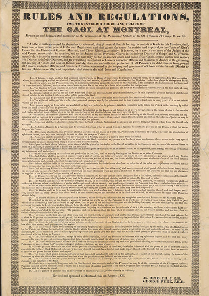 Prison Rules & Regs Montreal 1836 Poster